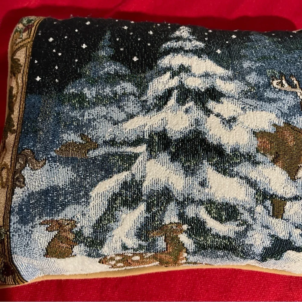 Holiday Tapestry Pillow with Snowy Scene 17X12